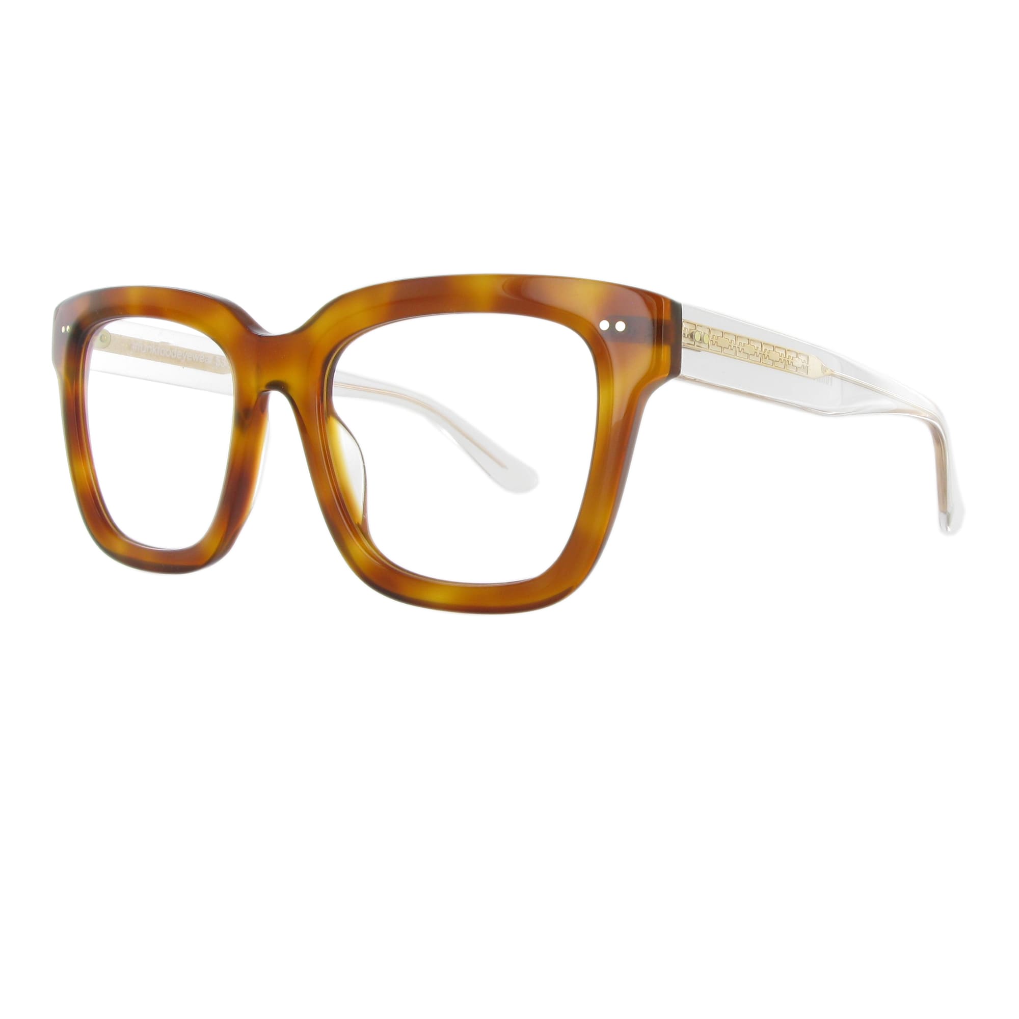 Markante braune Acetatbrille mit dickem Gestell, klaren Bügeln und einer goldfarbenen Bügelseele.