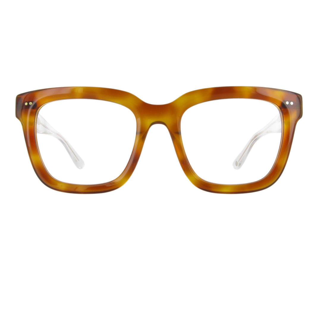 Markante braune Acetatbrille mit dickem Gestell und klaren Bügeln.