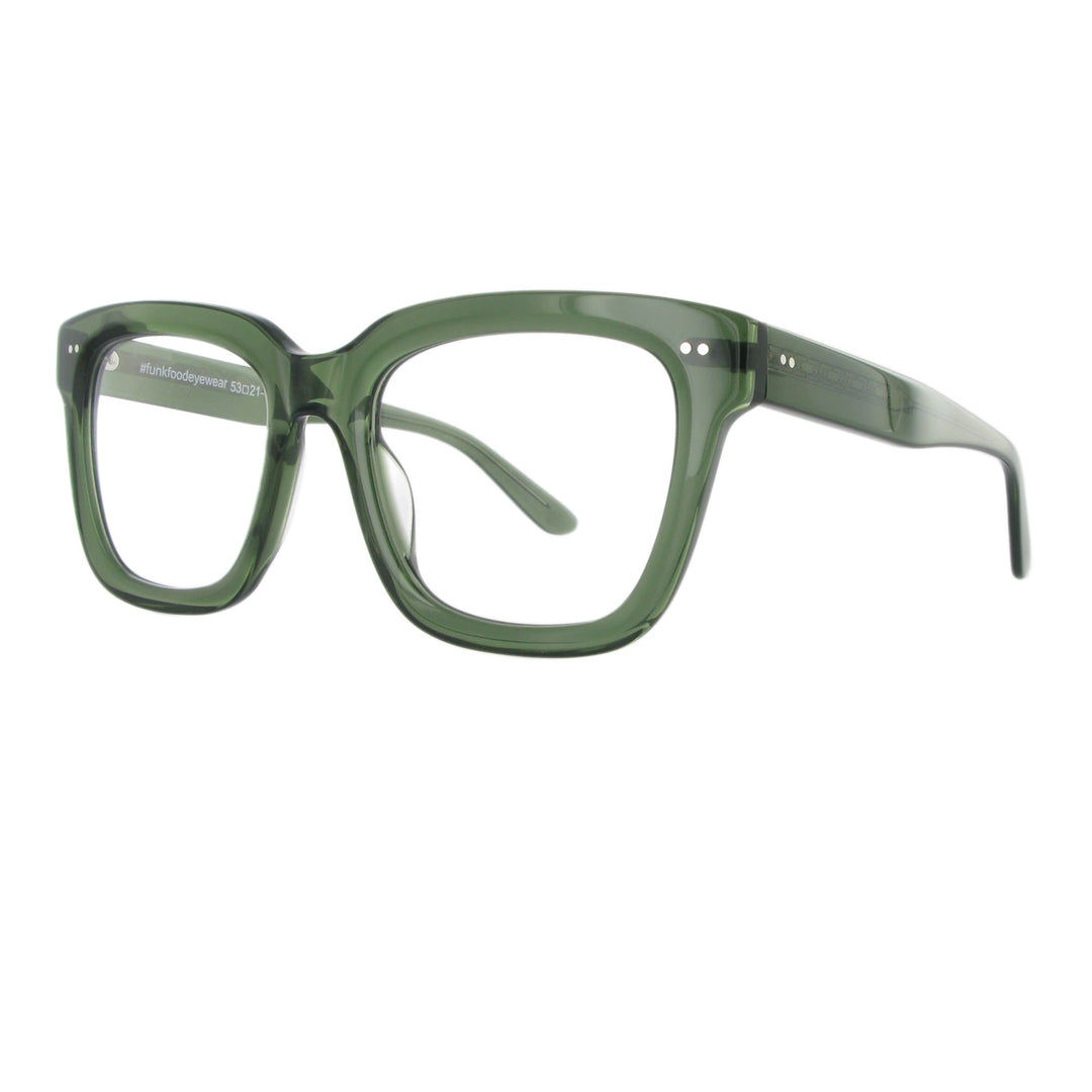 Markante grüne Acetatbrille mit dickem Gestell.