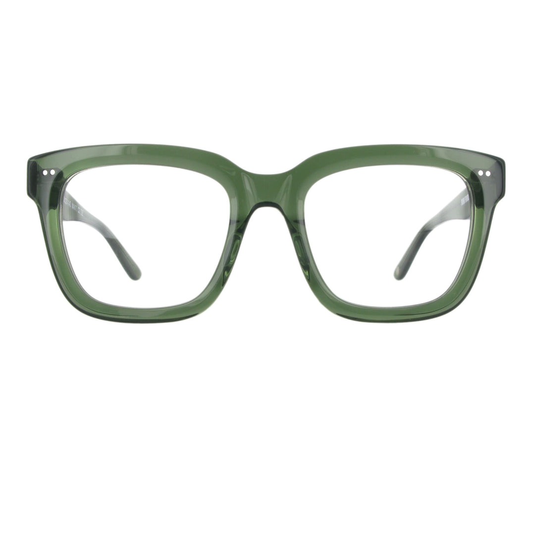 Markante grüne Acetatbrille mit dickem Gestell in der Frontansicht.
