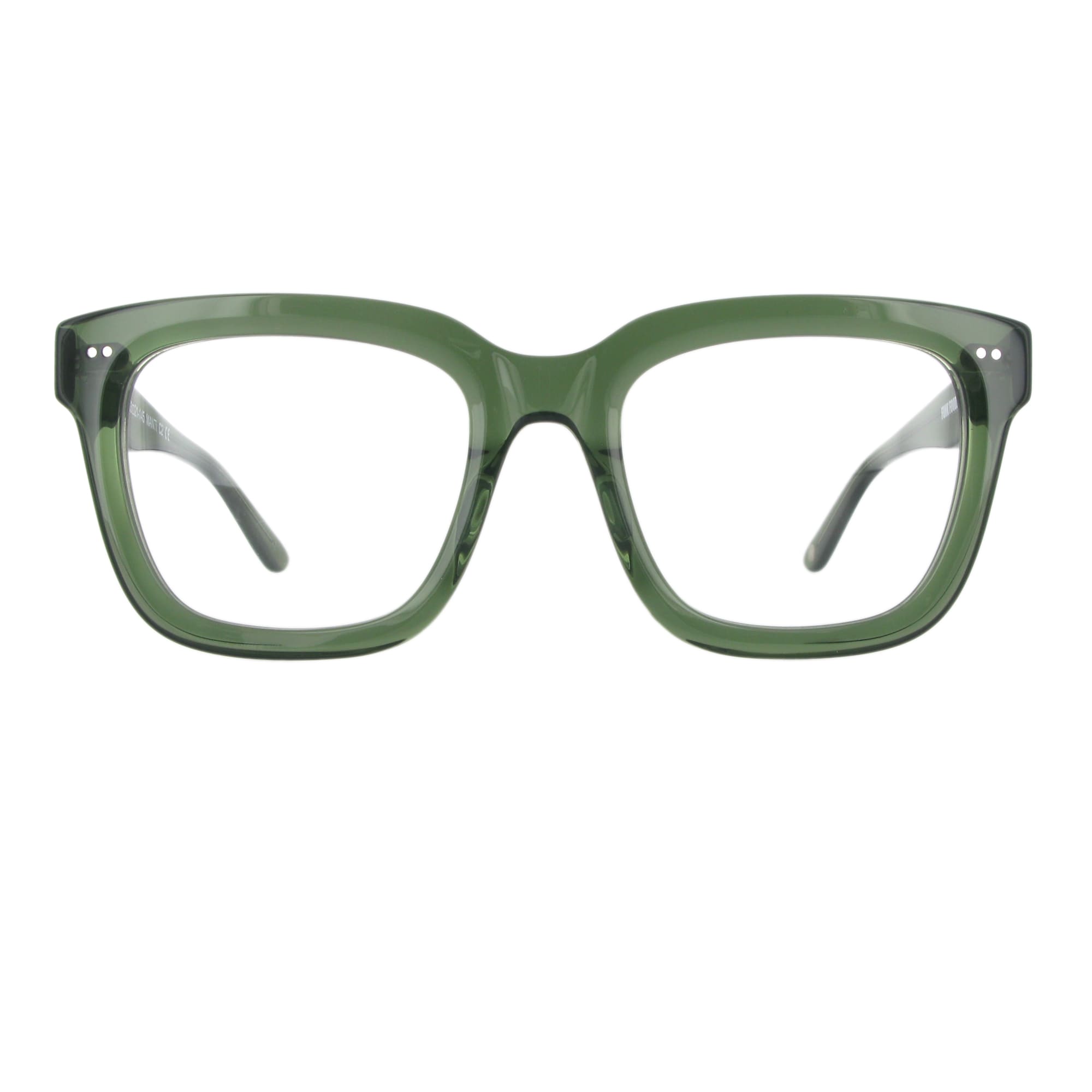 Markante grüne Acetatbrille mit dickem Gestell in der Frontansicht.