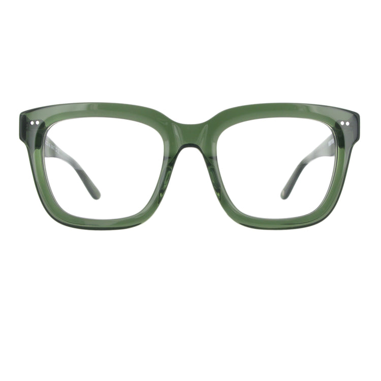 Markante grüne Acetatbrille mit dickem Gestell in der Frontansicht.