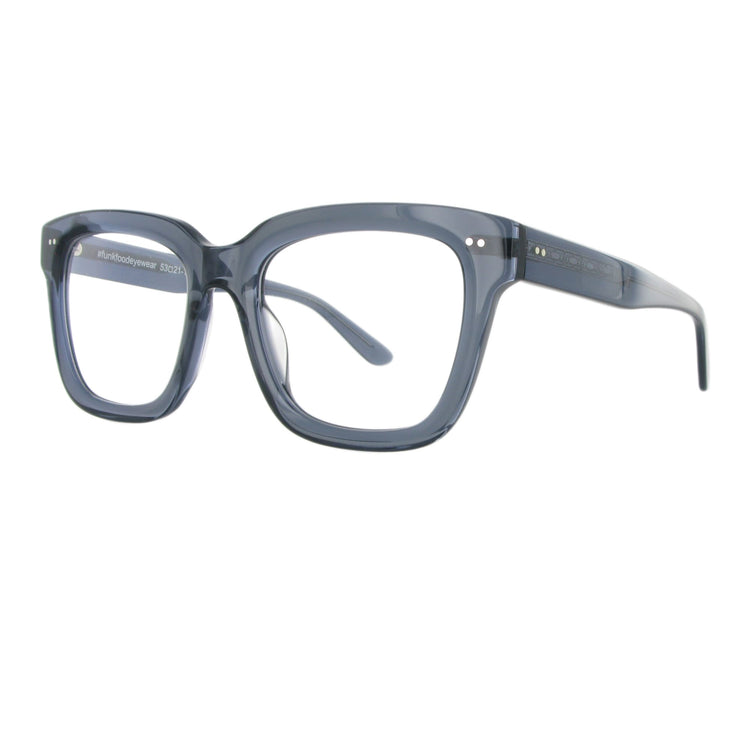 Markante grau blaue Acetatbrille mit dickem Gestell.