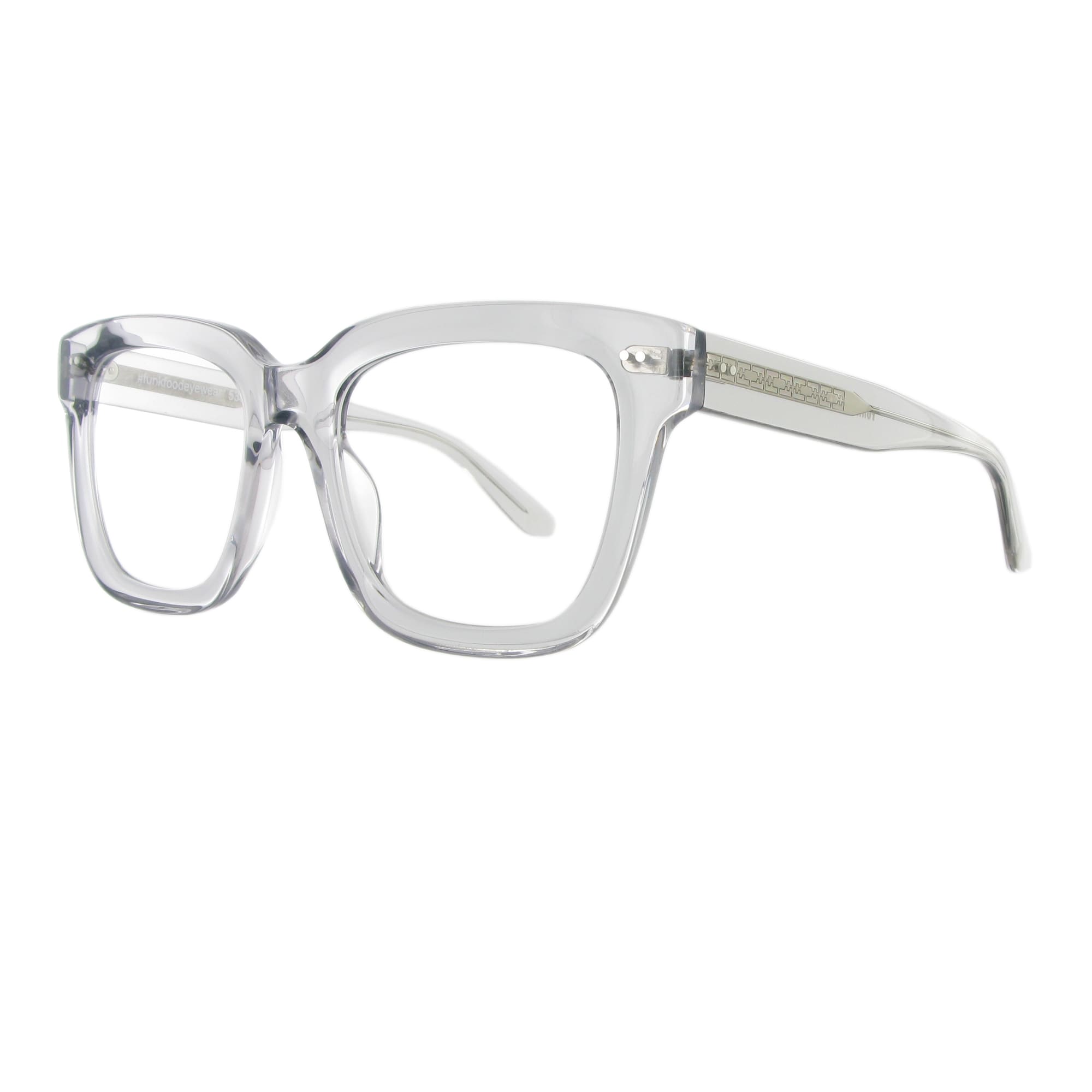 Markante transparente Acetatbrille mit dickem Gestell und silberfarbener Bügelseele.