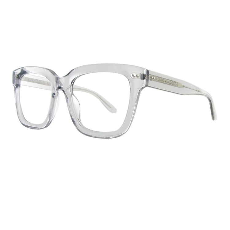 Markante transparente Acetatbrille mit dickem Gestell und silberfarbener Bügelseele.