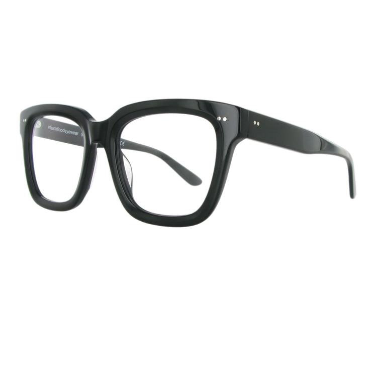Markante schwarze Acetat Brille mit dickem Gestell.