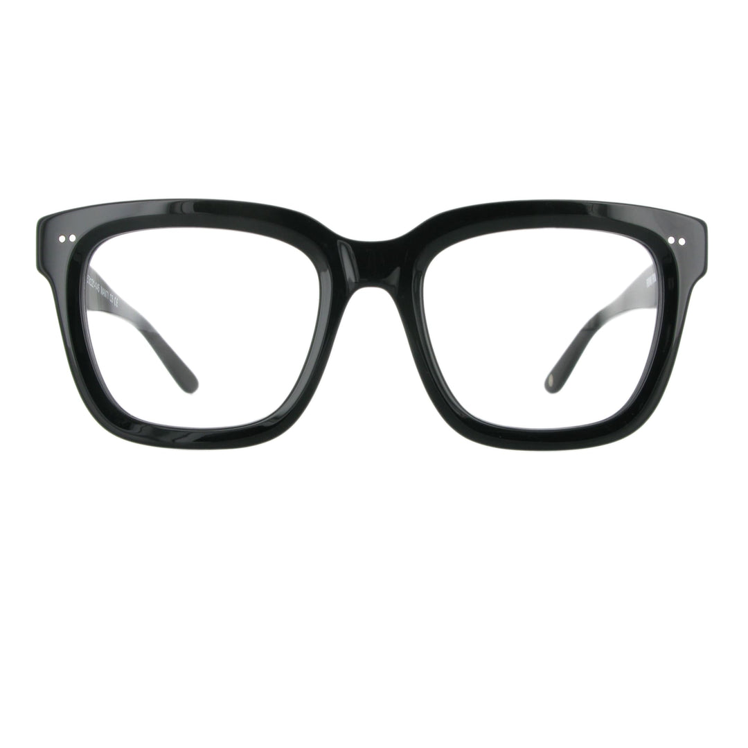 Markante schwarze Acetatbrille mit dickem Gestell in der Frontansicht.