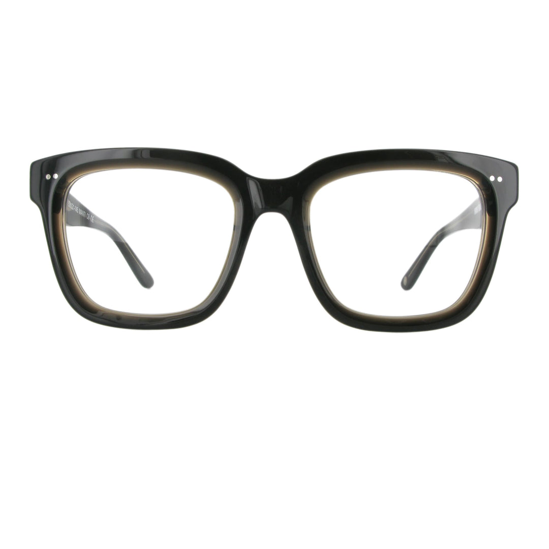 Markante dunkelbraune Acetatbrille mit dickem Gestell in der Frontansicht.