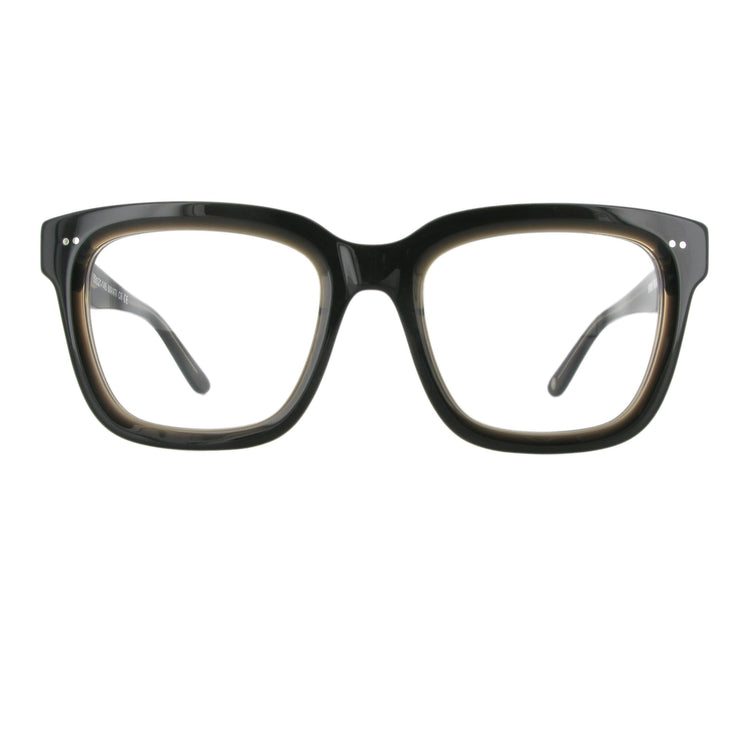 Markante dunkelbraune Acetatbrille mit dickem Gestell in der Frontansicht.