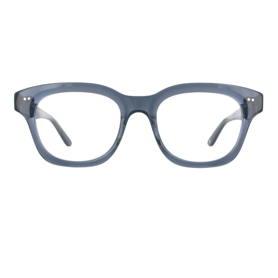 Blaue Unisex Brille aus Acetat mit besonderer Fase in der Frontansicht.