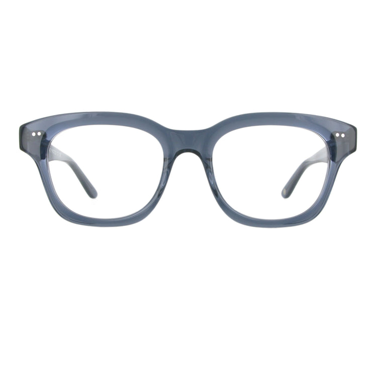 Blaue Unisex Brille aus Acetat mit besonderer Fase in der Frontansicht.
