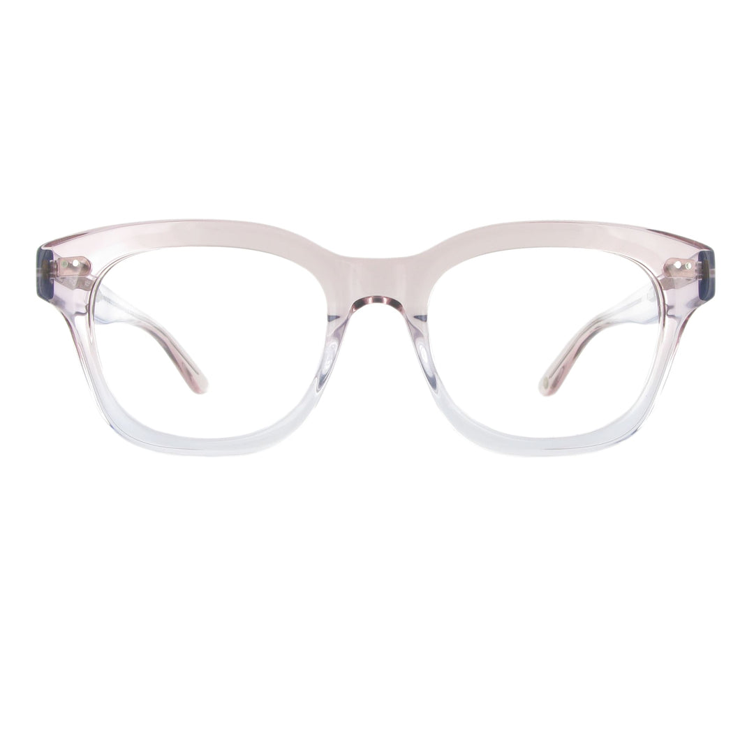 Transparente Acetatbrille mit besonderer Fase in der Farbe Light Rose Gradient mit silberfarbener Signature Seele.