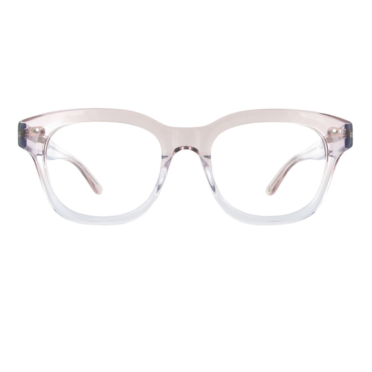 Transparente Acetatbrille mit besonderer Fase in der Farbe Light Rose Gradient mit silberfarbener Signature Seele.