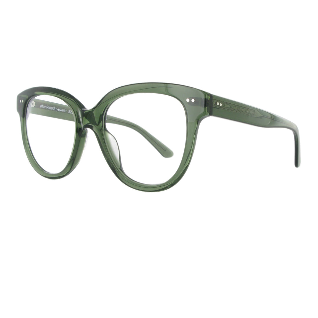 Flaschengrüne Brille aus Acetat in harmonischer Butterfly Form.