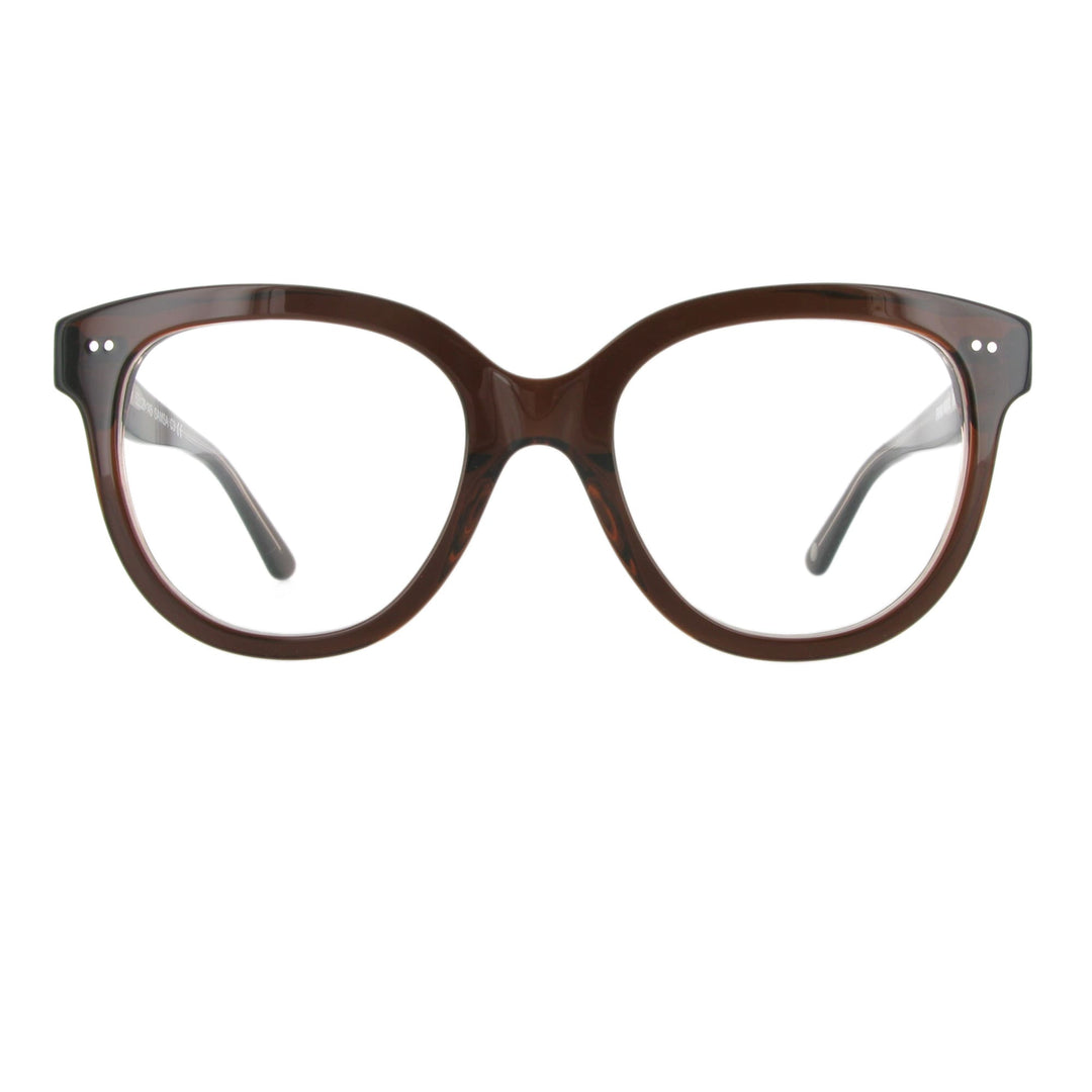 Braune Brille aus Acetat in harmonischer Butterfly Form in der Frontansicht.