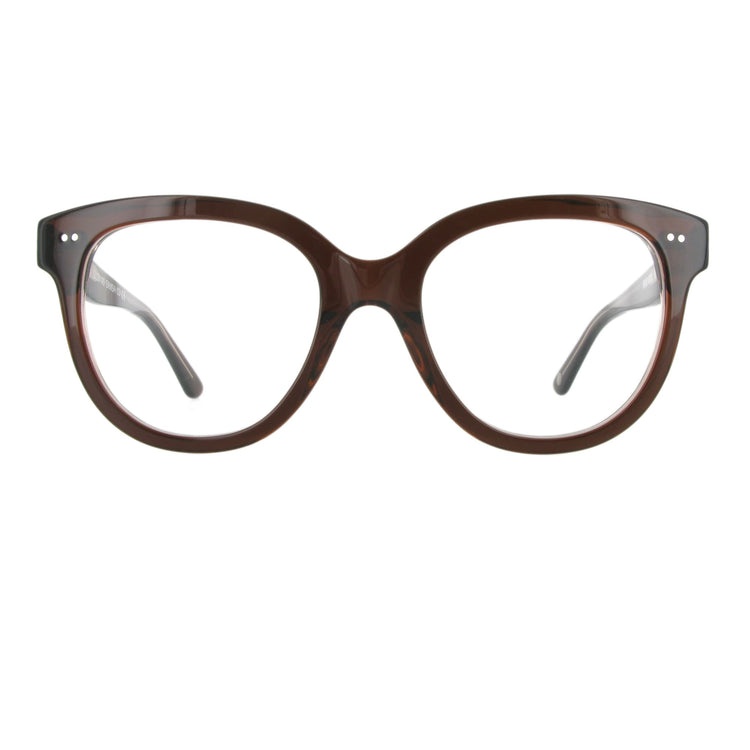 Braune Brille aus Acetat in harmonischer Butterfly Form in der Frontansicht.