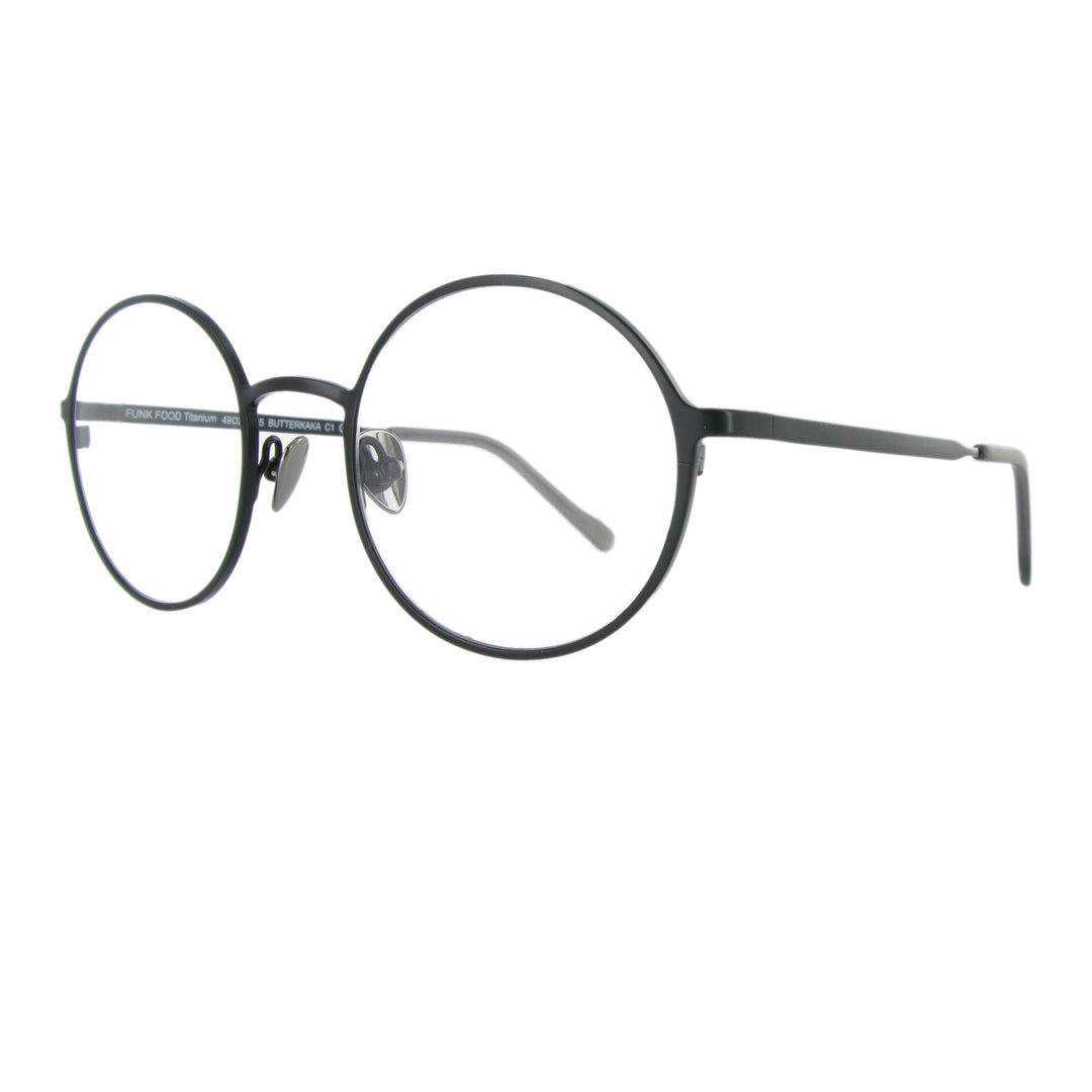 Schwarze Metallbrille mit runden Gläsern und großzügigem Steg, ausgewogen und minimalistisch.