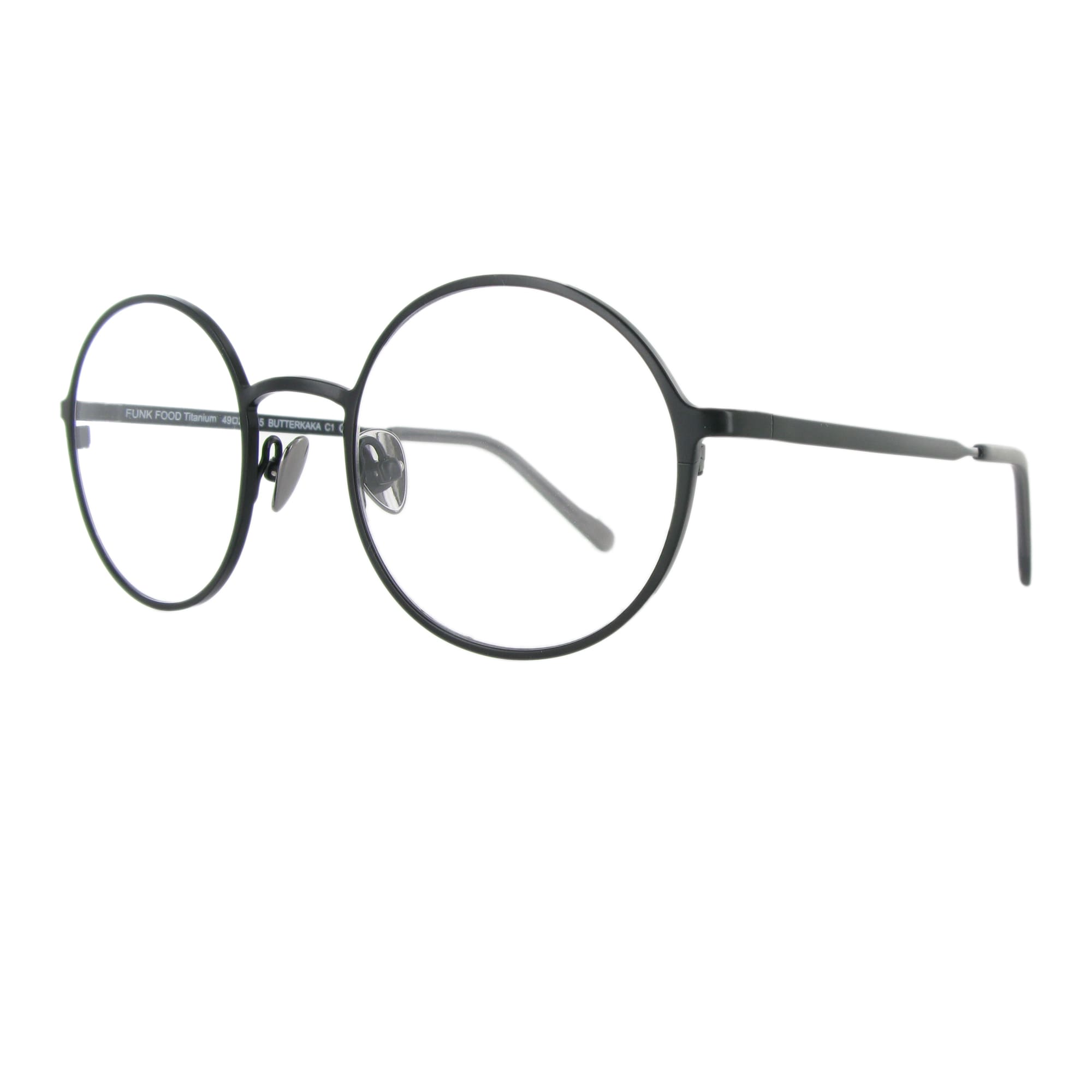 Schwarze Metallbrille mit runden Gläsern und großzügigem Steg, ausgewogen und minimalistisch.