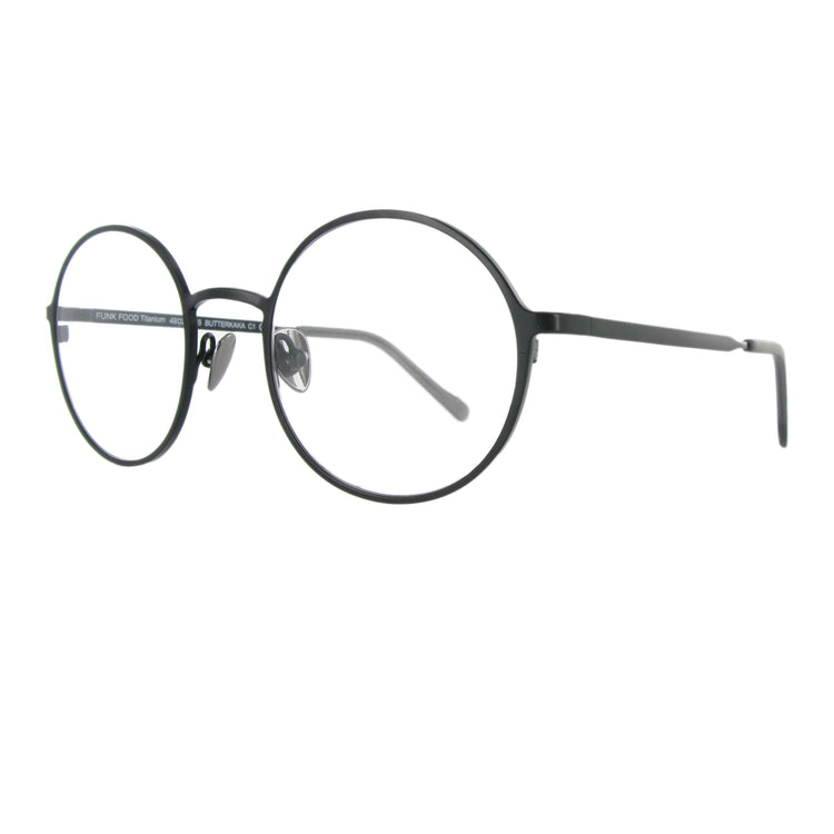 Schwarze Metallbrille mit runden Gläsern und großzügigem Steg, ausgewogen und minimalistisch.