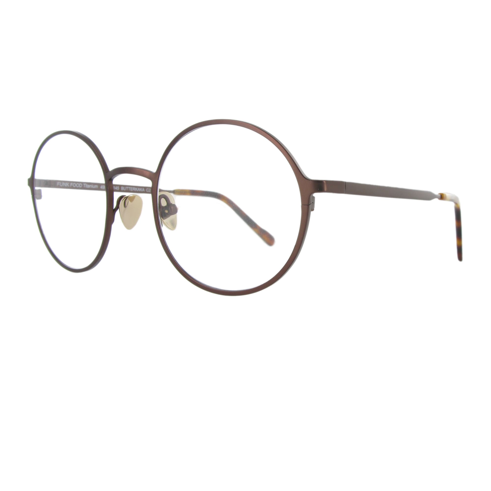 Mokka mattfarbene Metallbrille mit runden Gläsern und großzügigem Steg, ausgewogen und minimalistisch.