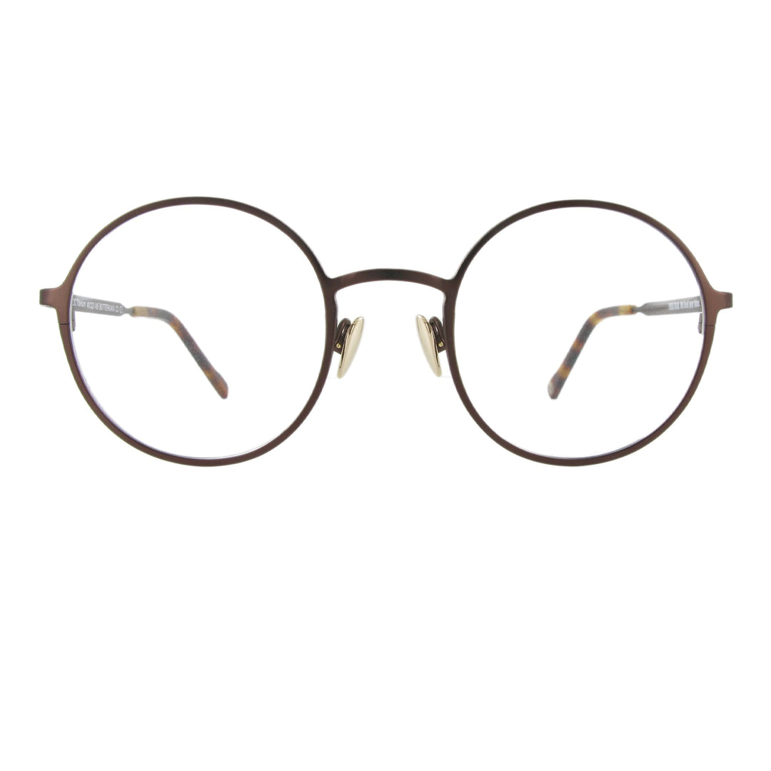 Mokka mattfarbene Metallbrille mit runden Gläsern und großzügigem Steg, ausgewogen und minimalistisch.