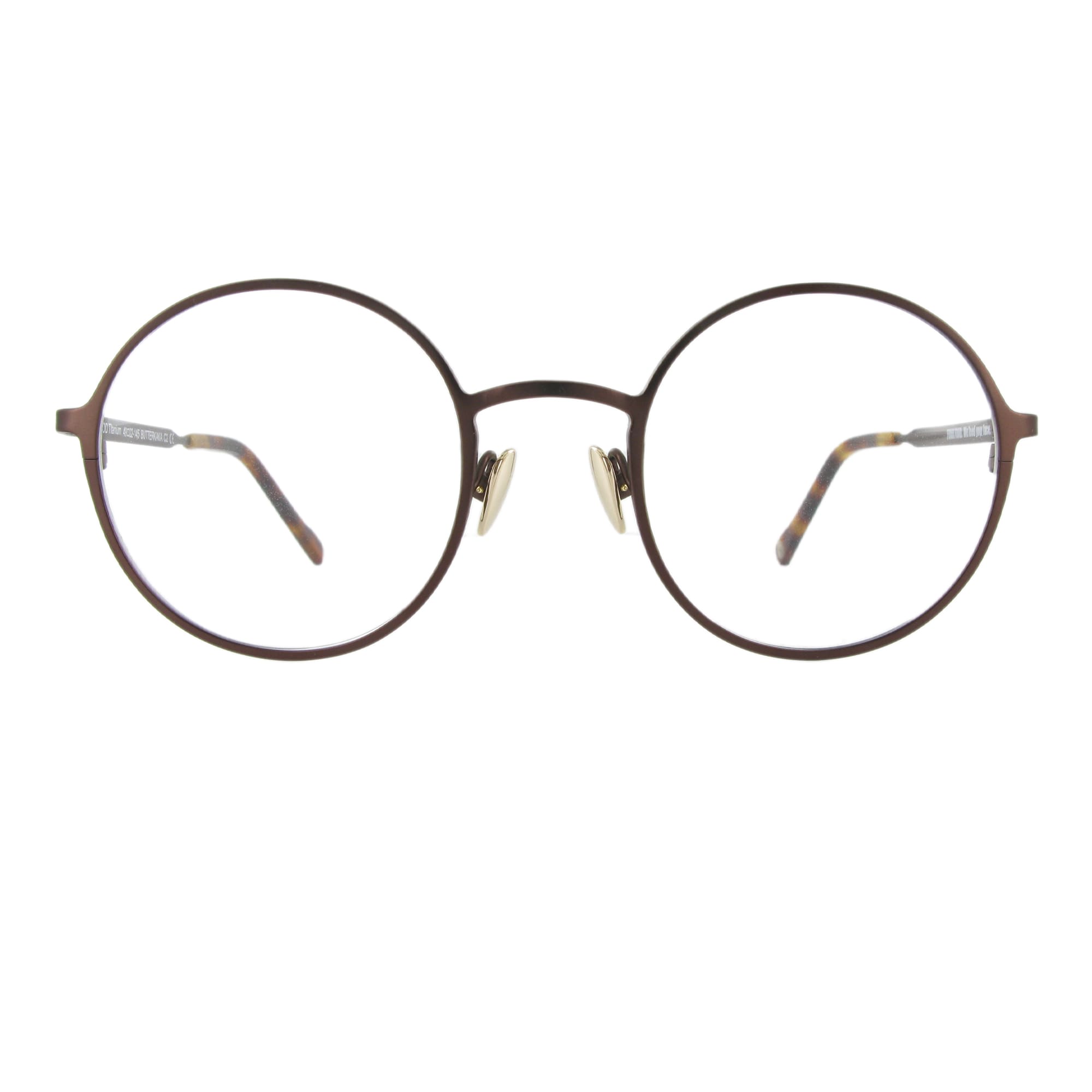Mokka mattfarbene Metallbrille mit runden Gläsern und großzügigem Steg, ausgewogen und minimalistisch.