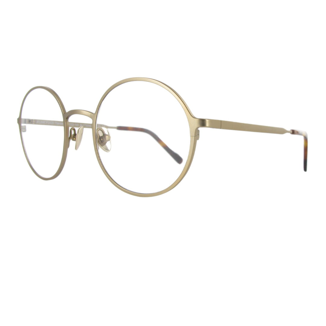 Edelstahlbrille in champagner Farbe mit runden Gläsern und großzügigem Steg, ausgewogen und minimalistisch.