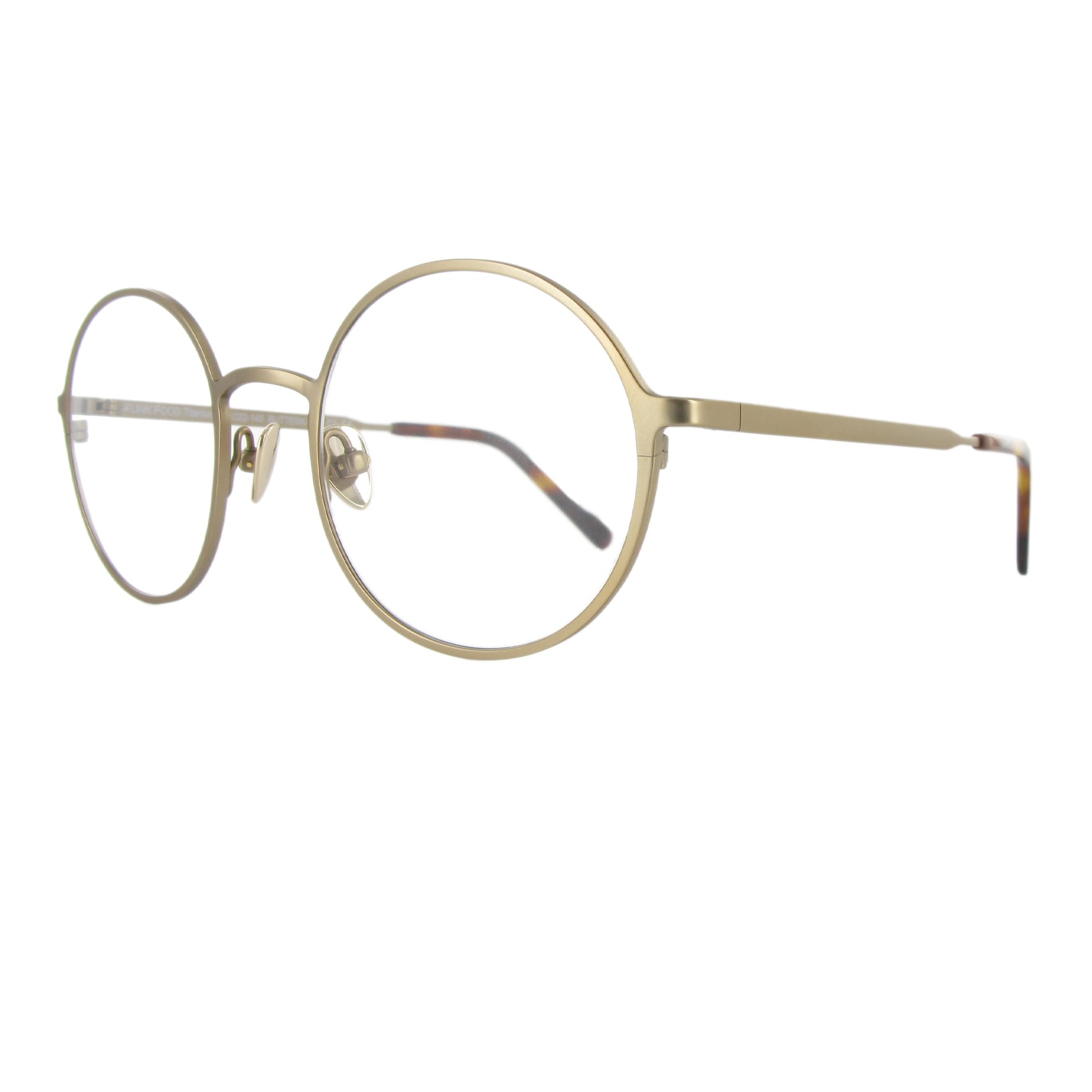 Edelstahlbrille in champagner Farbe mit runden Gläsern und großzügigem Steg, ausgewogen und minimalistisch.