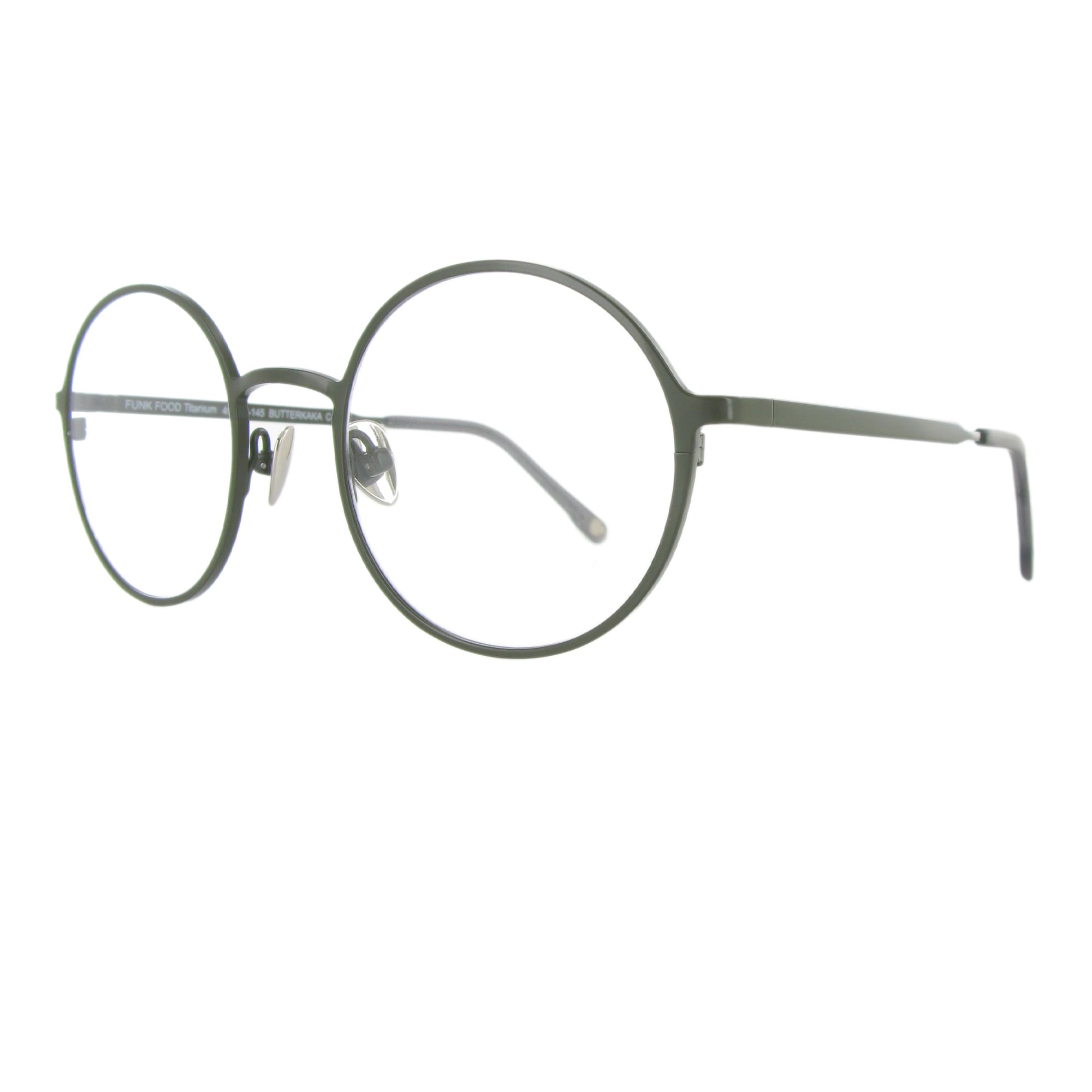 Edelstahlbrille in der Farbe oliv grün mit runden Gläsern und großzügigem Steg, ausgewogen und minimalistisch.