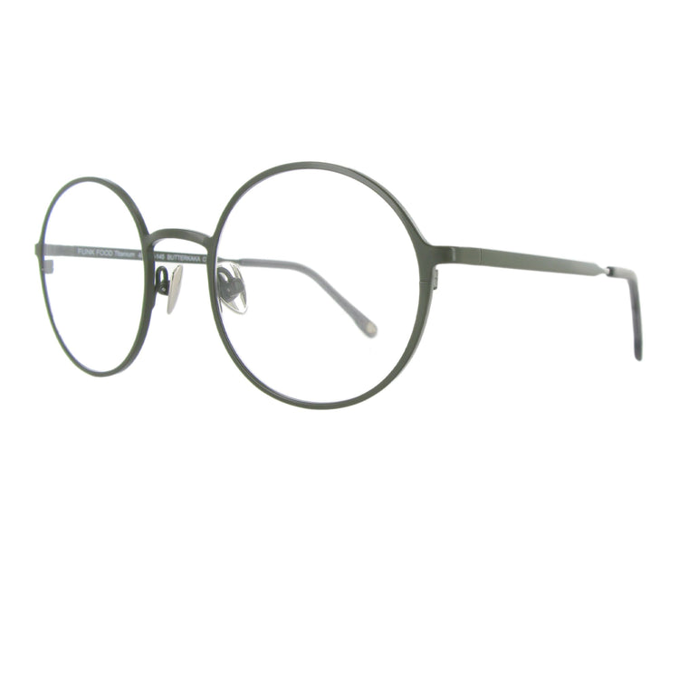 Edelstahlbrille in der Farbe oliv grün mit runden Gläsern und großzügigem Steg, ausgewogen und minimalistisch.
