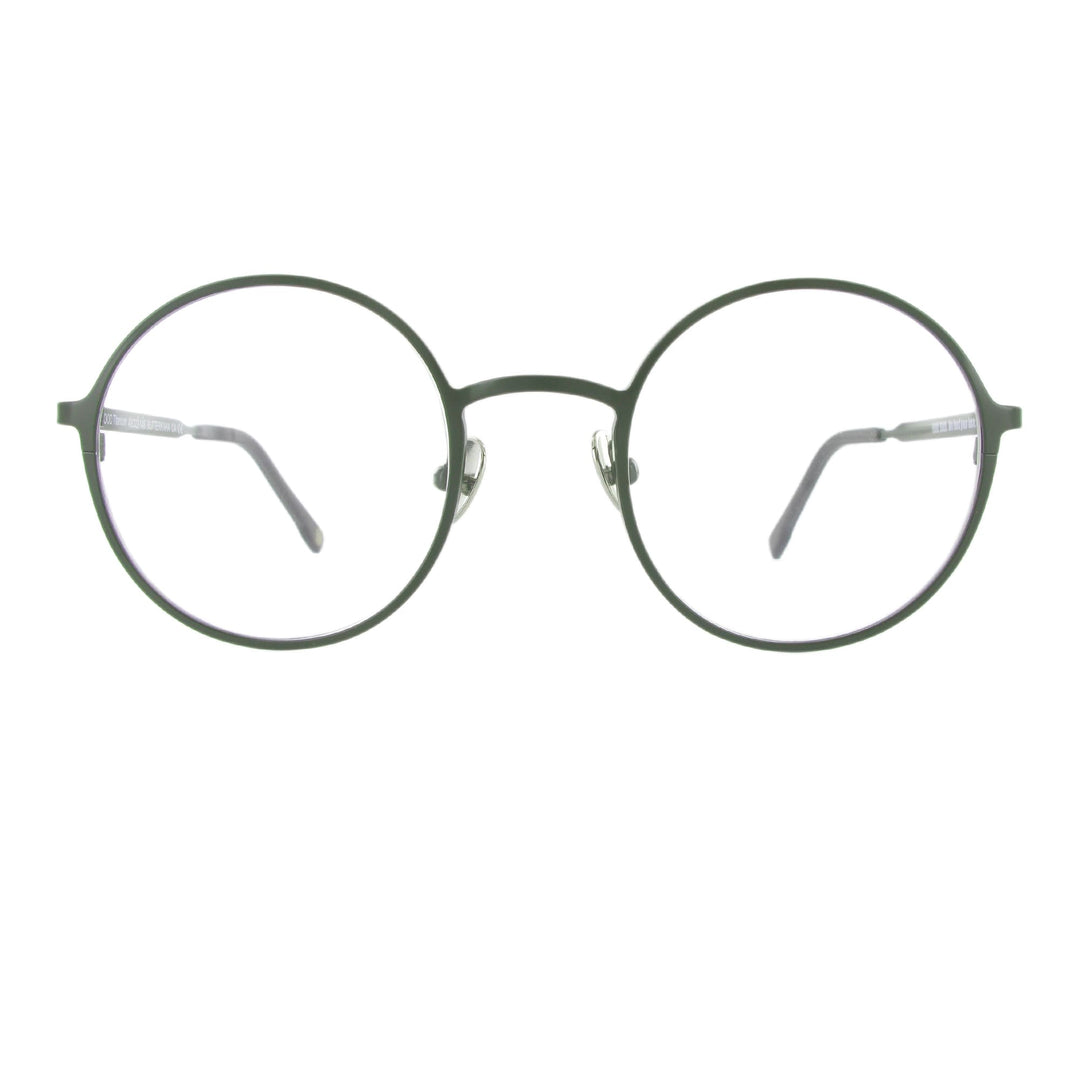 Edelstahlbrille in der Farbe oliv grün mit runden Gläsern und großzügigem Steg, ausgewogen und minimalistisch.